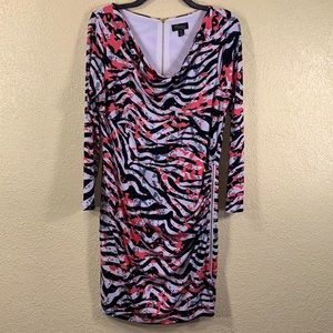 Thalia Sodi Dress Zebra Print Black White Pink Gray M Lined Long Sleeve Ruched